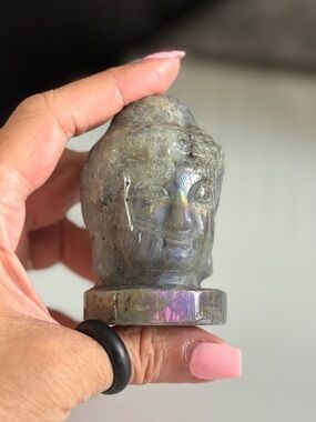 Carved Labradorite Buddha Head — Iridescent Crystal Stone